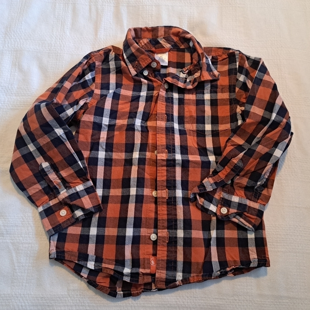 Gymboree boys size 4T button up shirt white, blue & orange 1 pocket VGUC